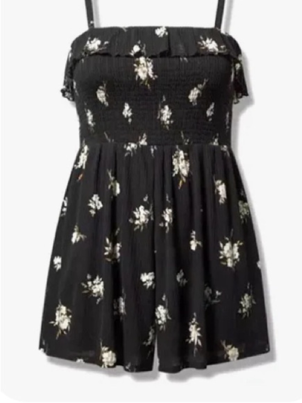 torrid Black Godet Floral Smocked Romper with White Blossoms